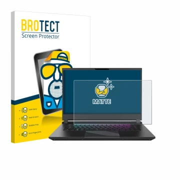 Front side of a product packaging with the brand logo BROTECT. Next to it is the device Gigabyte AORUS 15 2024 shown with the 