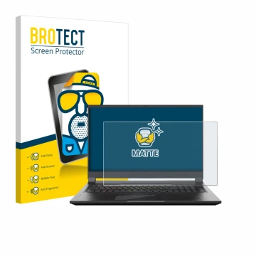 Front side of a product packaging with the brand logo BROTECT. Next to it is the device Gigabyte AORUS 17 2024 shown with the 