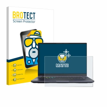 Front side of a product packaging with the brand logo BROTECT. Next to it is the device Gigabyte AORUS 16X 2024 shown with the