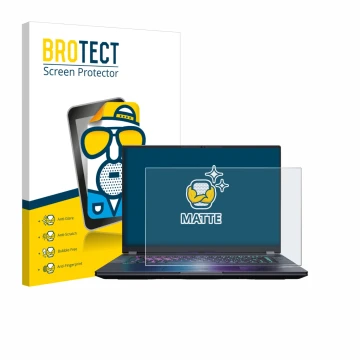 Front side of a product packaging with the brand logo BROTECT. Next to it is the device Gigabyte AORUS Elite 16 2025 shown wit