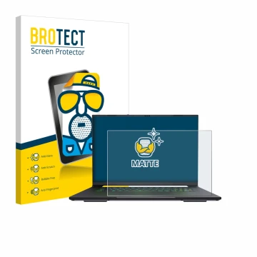 Front side of a product packaging with the brand logo BROTECT. Next to it is the device Gigabyte AERO X16 2025 shown with the 