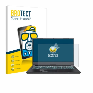 Front side of a product packaging with the brand logo BROTECT. Next to it is the device Gigabyte G5 2024 shown with the corres