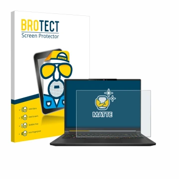 Front side of a product packaging with the brand logo BROTECT. Next to it is the device MSI Stealth A16 AI+ shown with the cor