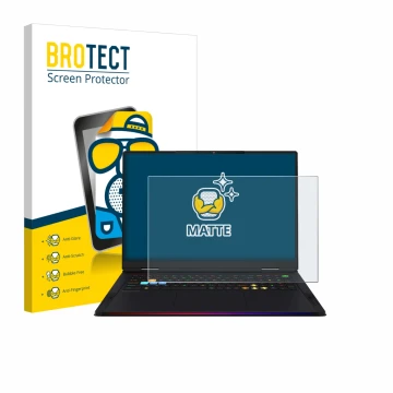 Front side of a product packaging with the brand logo BROTECT. Next to it is the device MSI Raider A18 HX shown with the corre