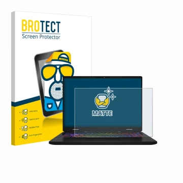 Front side of a product packaging with the brand logo BROTECT. Next to it is the device MSI Vector 16 HX AI shown with the cor