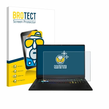 Front side of a product packaging with the brand logo BROTECT. Next to it is the device MSI Vector A18 HX 2025 shown with the 