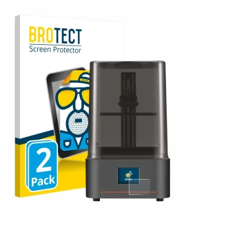 Front side of a product packaging with the brand logo BROTECT. Next to it is the device Anycubic Photon Mono 4 shown with the 