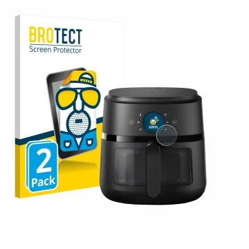 Front side of a product packaging with the brand logo BROTECT. Next to it is the device Philips Airfryer 2000 Gen 2 6,2L shown