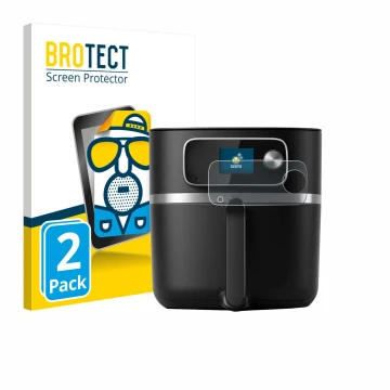 Front side of a product packaging with the brand logo BROTECT. Next to it is the device Philips Airfryer HD9880/90 shown with 