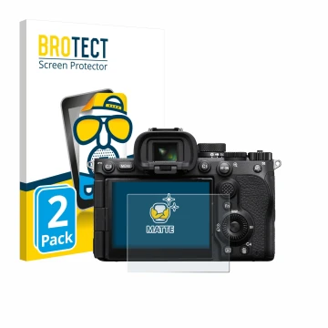 Front side of a product packaging with the brand logo BROTECT. Next to it is the device Sony Alpha 7 V (ILCE-7M5) shown with t