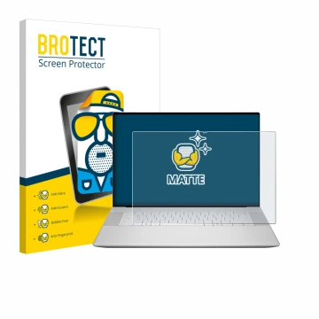 Front side of a product packaging with the brand logo BROTECT. Next to it is the device Dell 16 Premium Laptop shown with the 