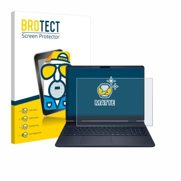 Front side of a product packaging with the brand logo BROTECT. Next to it is the device Dell Alienware 16X shown with the corr