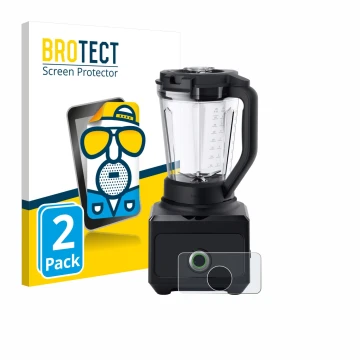 Front side of a product packaging with the brand logo BROTECT. Next to it is the device Braun PowerBlend 9 shown with the corr