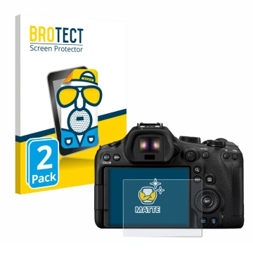Front side of a product packaging with the brand logo BROTECT. Next to it is the device Canon EOS R6 Mark III shown with the c