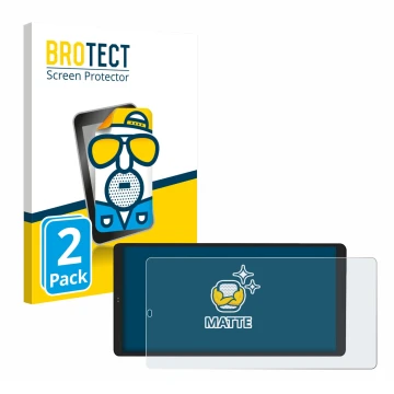 Front side of a product packaging with the brand logo BROTECT. Next to it is the device Shelly Wall Display X2 shown with the 