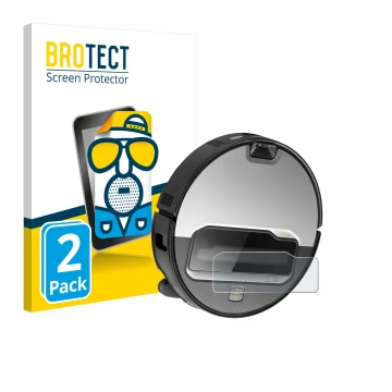 Front side of a product packaging with the brand logo BROTECT. Next to it is the device Roborock Saros Z70 shown with the corr