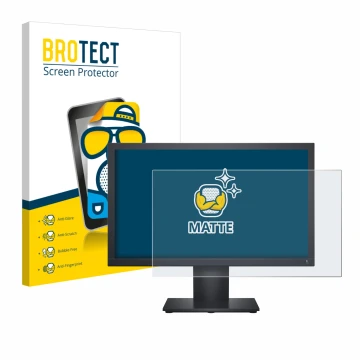 Front side of a product packaging with the brand logo BROTECT. Next to it is the device Dell E1920H shown with the correspondi