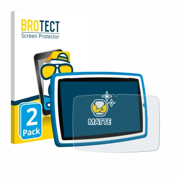 Front side of a product packaging with the brand logo BROTECT. Next to it is the device Lisciani Mio Tab 10 Tutor XL shown wit