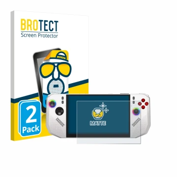 Front side of a product packaging with the brand logo BROTECT. Next to it is the device MSI Claw A8 BZ2EM shown with the corre