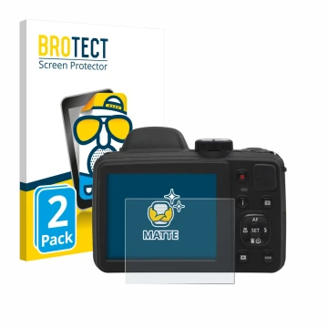 Front side of a product packaging with the brand logo BROTECT. Next to it is the device Kodak Pixpro AZ405 shown with the corr