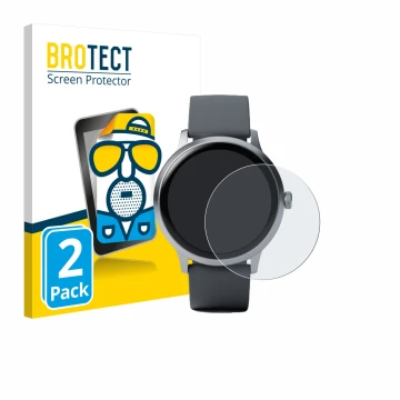Front side of a product packaging with the brand logo BROTECT. Next to it is the device Pebble Round 2 shown with the correspo