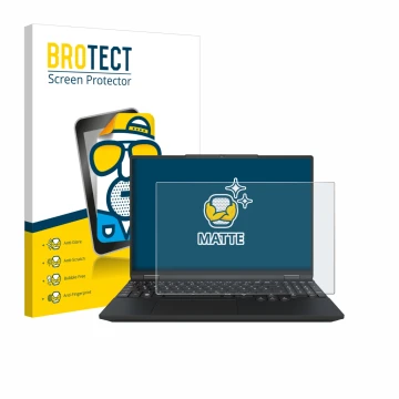 Front side of a product packaging with the brand logo BROTECT. Next to it is the device Tuxedo InfinityBook Max 15 Gen 10 show