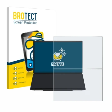 Front side of a product packaging with the brand logo BROTECT. Next to it is the device ASUS ZenBook Duo UX8407 shown with the