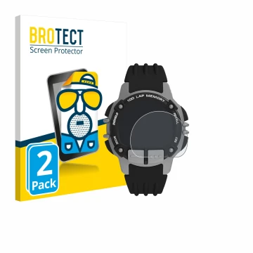 Front side of a product packaging with the brand logo BROTECT. Next to it is the device Timex Ironman TW5M63200 shown with the