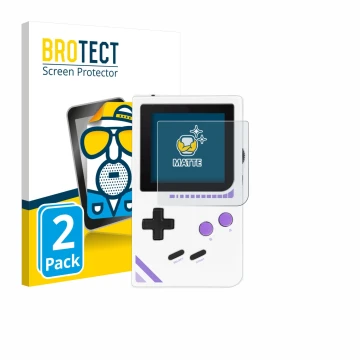 Front side of a product packaging with the brand logo BROTECT. Next to it is the device Modretro Chromatic shown with the corr