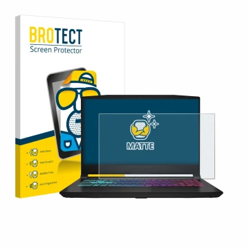 Front side of a product packaging with the brand logo BROTECT. Next to it is the device MSI Katana 15 HX B14 shown with the co