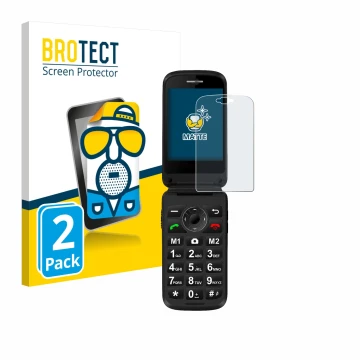 Front side of a product packaging with the brand logo BROTECT. Next to it is the device Simvalley Mobile XL-970 shown with the