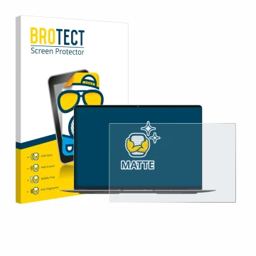 Front side of a product packaging with the brand logo BROTECT. Next to it is the device Geekom GeekBook X14 Pro shown with the