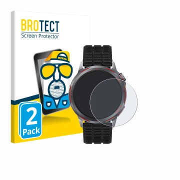 Front side of a product packaging with the brand logo BROTECT. Next to it is the device Huawei Watch GT Runner 2 shown with th