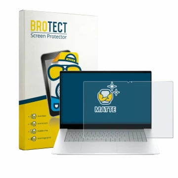Front side of a product packaging with the brand logo BROTECT. Next to it is the device HP OmniBook X 17-de0776ngx shown with 