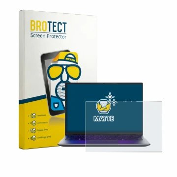 Front side of a product packaging with the brand logo BROTECT. Next to it is the device MEDION Avantum 14 E1e shown with the c