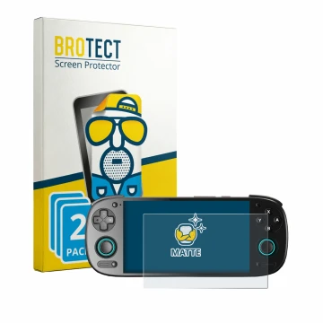 Front side of a product packaging with the brand logo BROTECT. Next to it is the device Retroid Pocket 5 shown with the corres