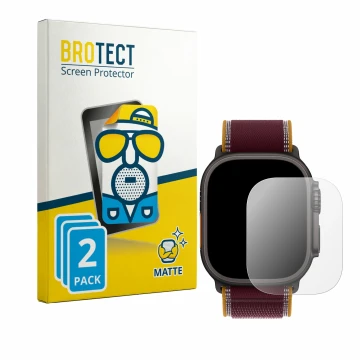 Front side of a product packaging with the brand logo BROTECT. Next to it is the device Apple Watch Ultra 4 (49 mm) shown with