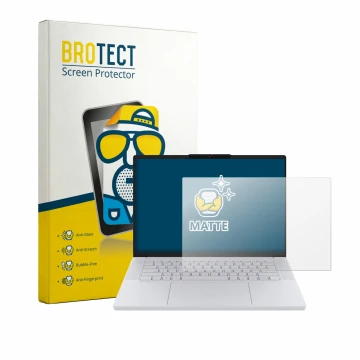 Front side of a product packaging with the brand logo BROTECT. Next to it is the device Lenovo Googlebook 15 shown with the co
