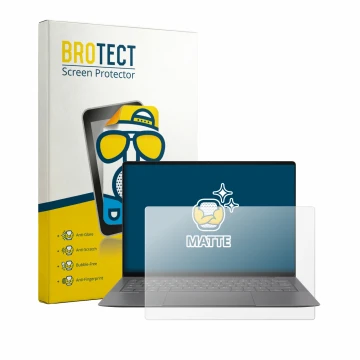 Front side of a product packaging with the brand logo BROTECT. Next to it is the device Asus Googlebook 14 shown with the corr