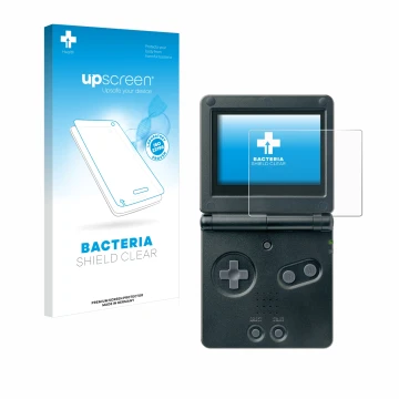 Front side of a product packaging with the brand logo upscreen. Next to it is the device Nintendo Gameboy Advance GBA SP shown