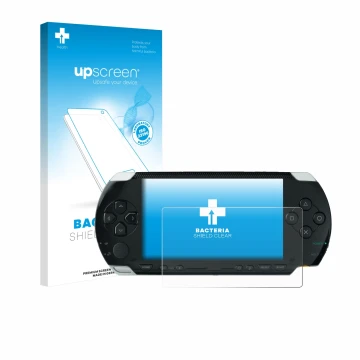 Front side of a product packaging with the brand logo upscreen. Next to it is the device Sony PSP 1000 shown with the correspo