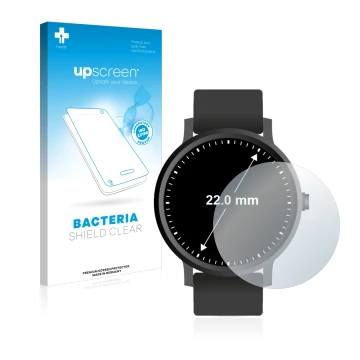 Front side of a product packaging with the brand logo upscreen. Next to it is the device Watches (Circular, ø: 22 mm) shown wi