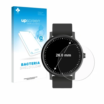 Front side of a product packaging with the brand logo upscreen. Next to it is the device Watches (Circular, ø: 26 mm) shown wi