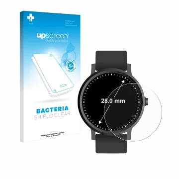 Front side of a product packaging with the brand logo upscreen. Next to it is the device Watches (Circular, ø: 28 mm) shown wi