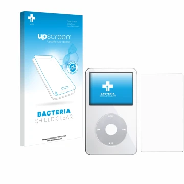Front side of a product packaging with the brand logo upscreen. Next to it is the device Apple iPod Classic Video (Front+Back)