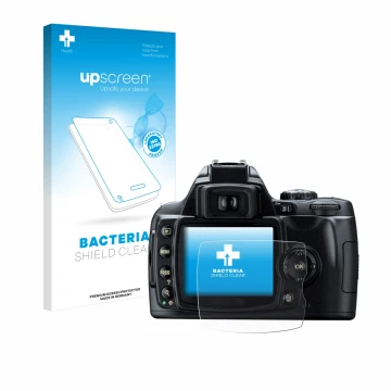 Front side of a product packaging with the brand logo upscreen. Next to it is the device Nikon D40 shown with the correspondin