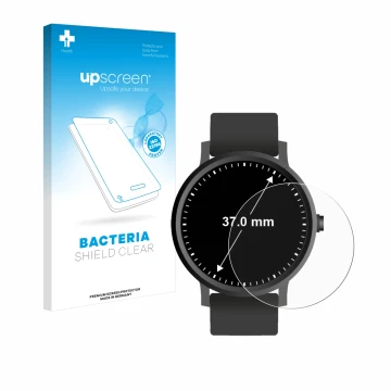 Front side of a product packaging with the brand logo upscreen. Next to it is the device Watches (Circular, ø: 37 mm) shown wi