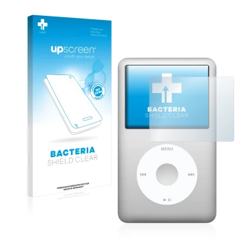 Front side of a product packaging with the brand logo upscreen. Next to it is the device Apple iPod classic 120 GB (7th Gen.) 