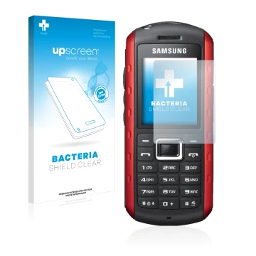 Front side of a product packaging with the brand logo upscreen. Next to it is the device Samsung B2100 shown with the correspo