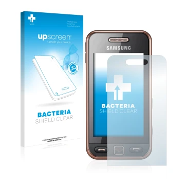 Front side of a product packaging with the brand logo upscreen. Next to it is the device Samsung GT-S5230 shown with the corre